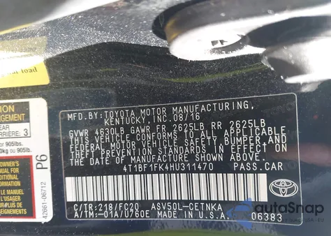 2017 Toyota Camry Le из США, поврежденный, VIN 4T1BF1FK4HU311470